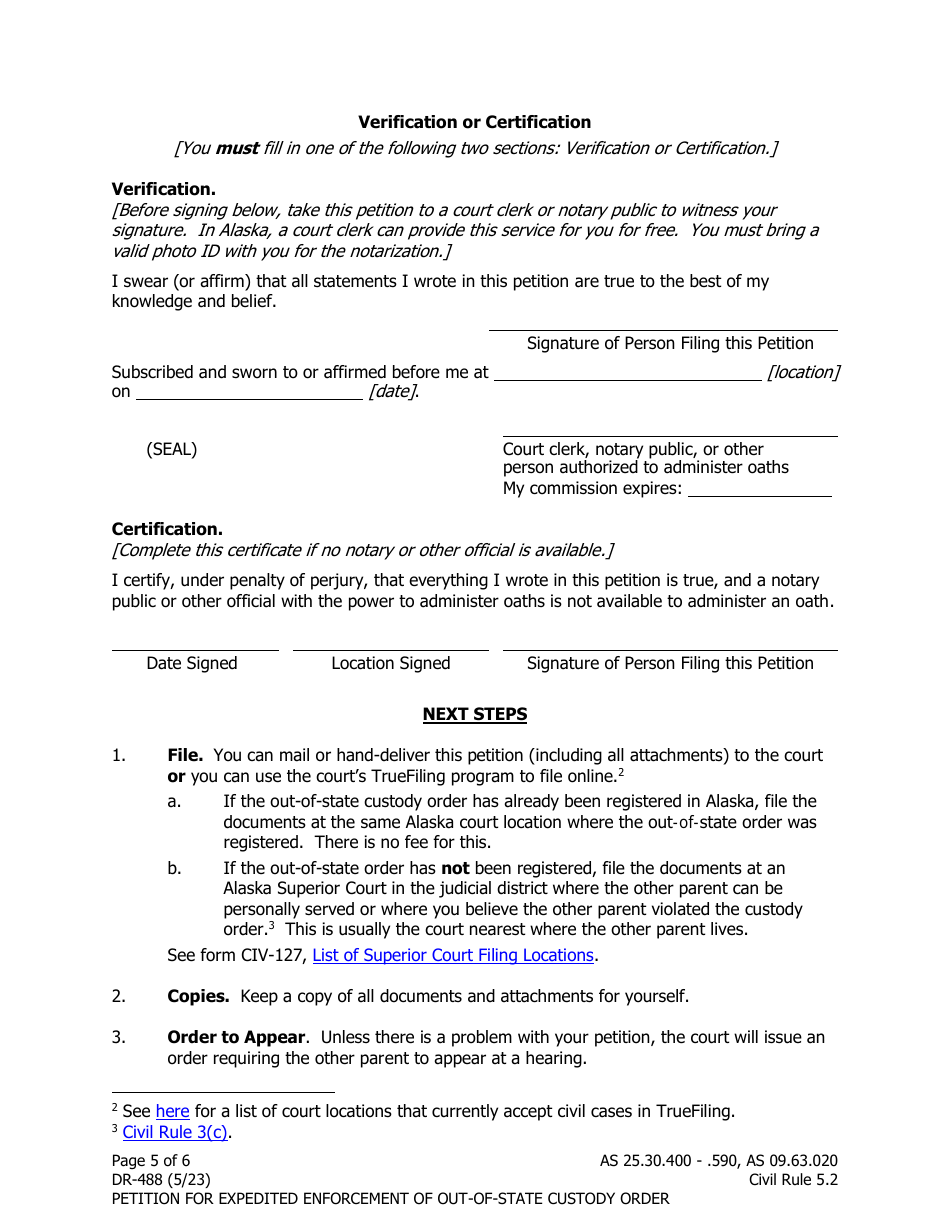 Form DR-488 Petition for Expedited Enforcement of a Child Custody or Visitation Order From Another State or Country - Alaska, Page 5