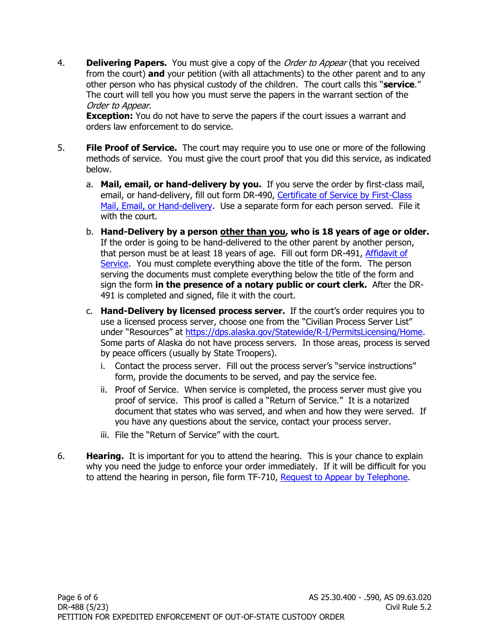 Form DR-488 Petition for Expedited Enforcement of a Child Custody or Visitation Order From Another State or Country - Alaska, Page 6