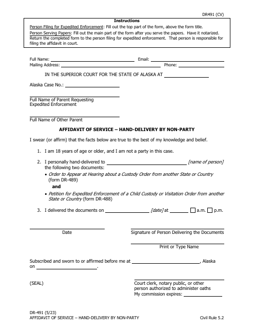 Form DR-491 Affidavit of Service - Hand-Delivery by Non-party - Alaska