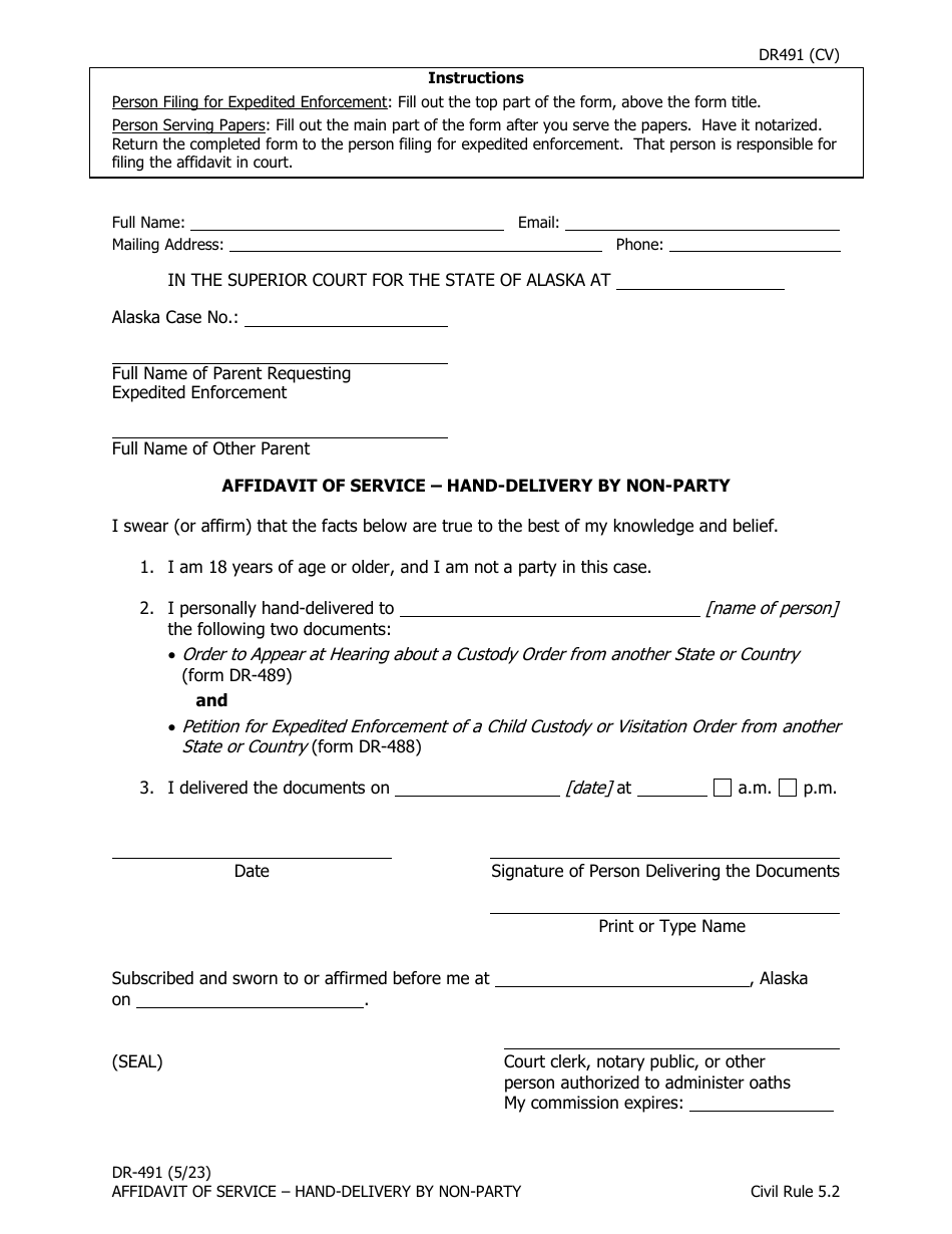 Form DR-491 Affidavit of Service - Hand-Delivery by Non-party - Alaska, Page 1