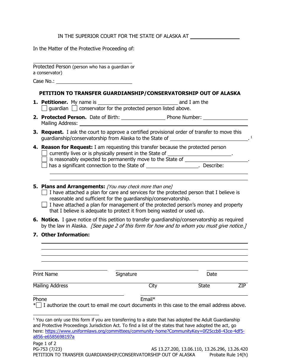 Form PG-753 Petition to Transfer Guardianship / Conservatorship out of Alaska - Alaska, Page 1