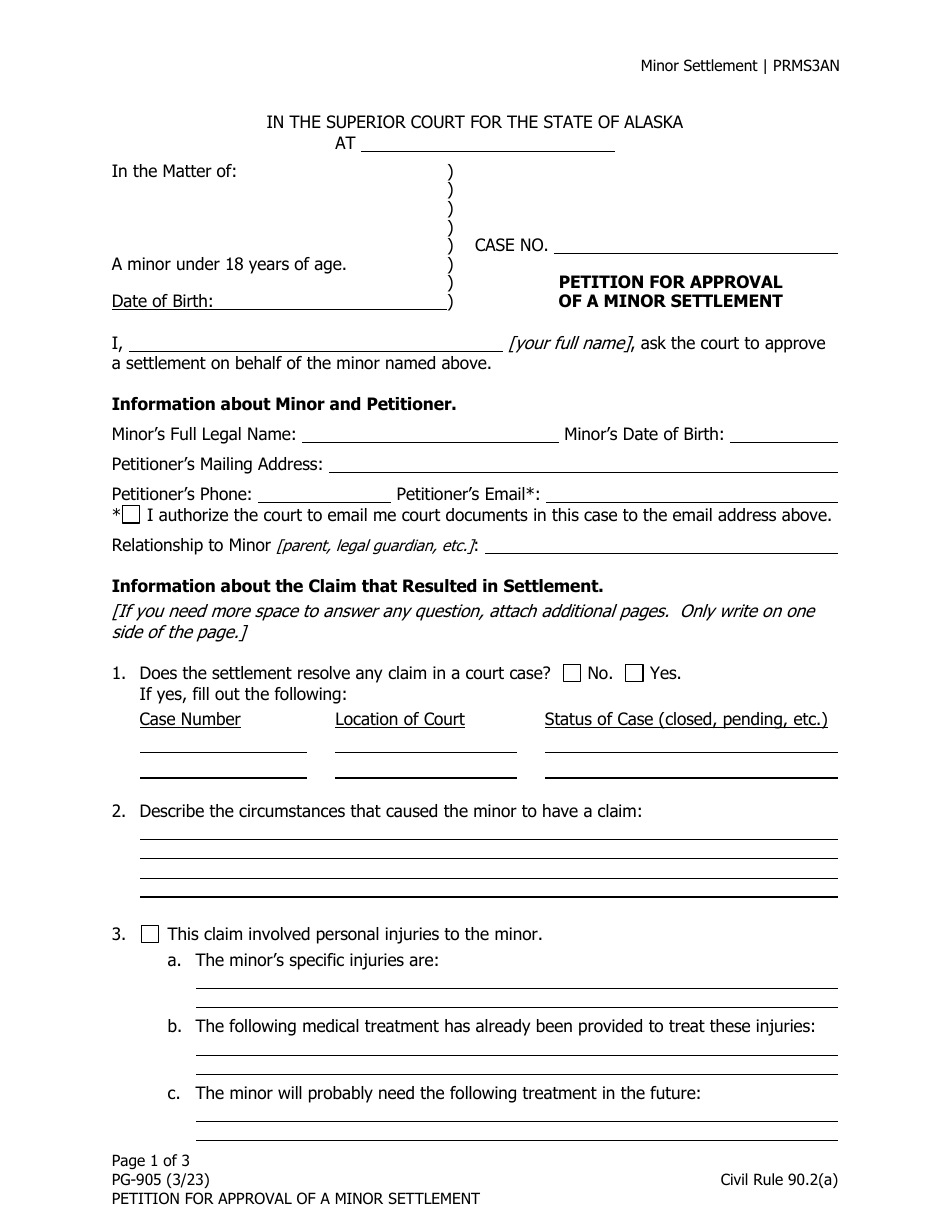 Form PG-905 Petition for Approval of a Minor Settlement - Alaska, Page 1