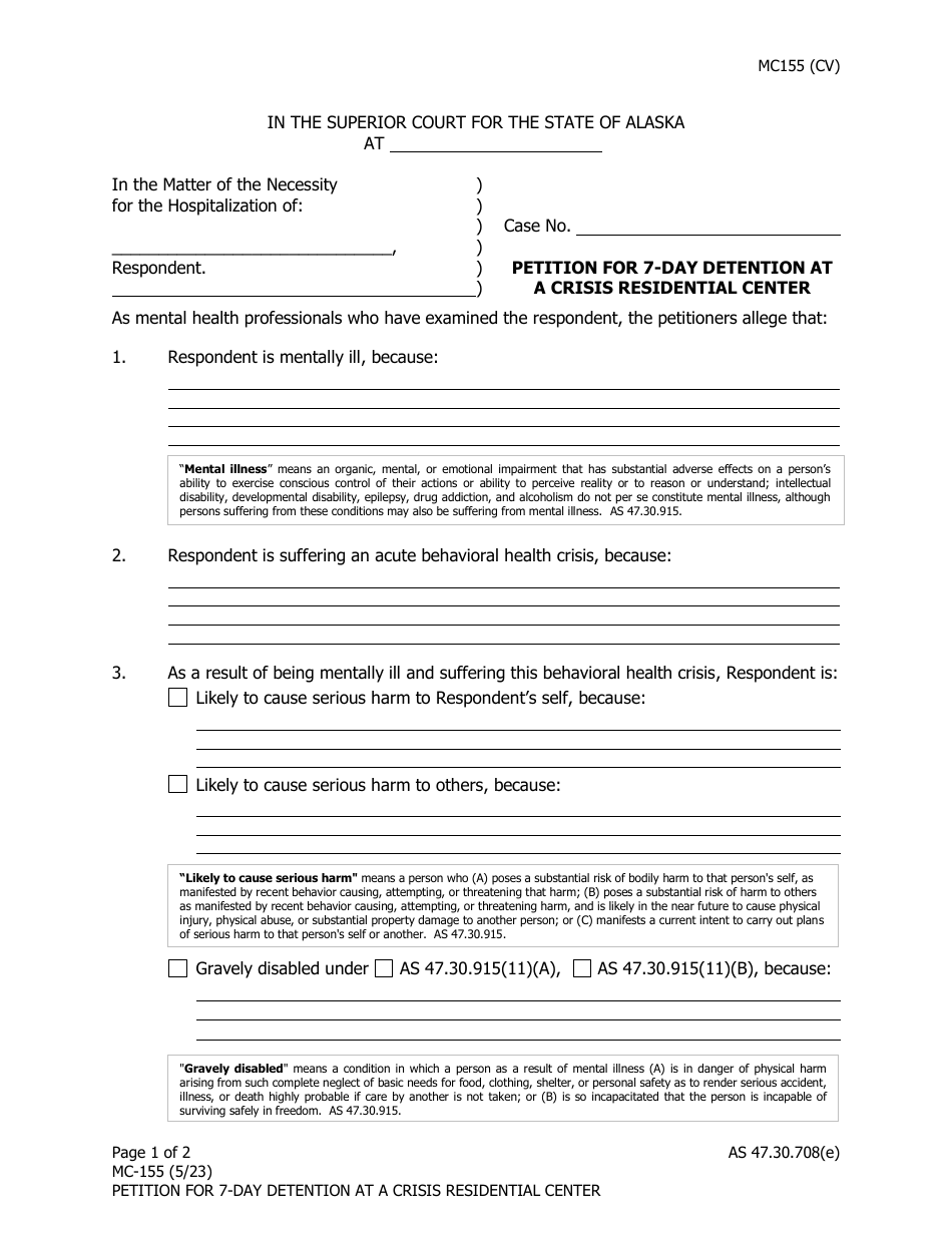 Form MC-155 Petition for 7-day Detention at a Crisis Residential Center - Alaska, Page 1