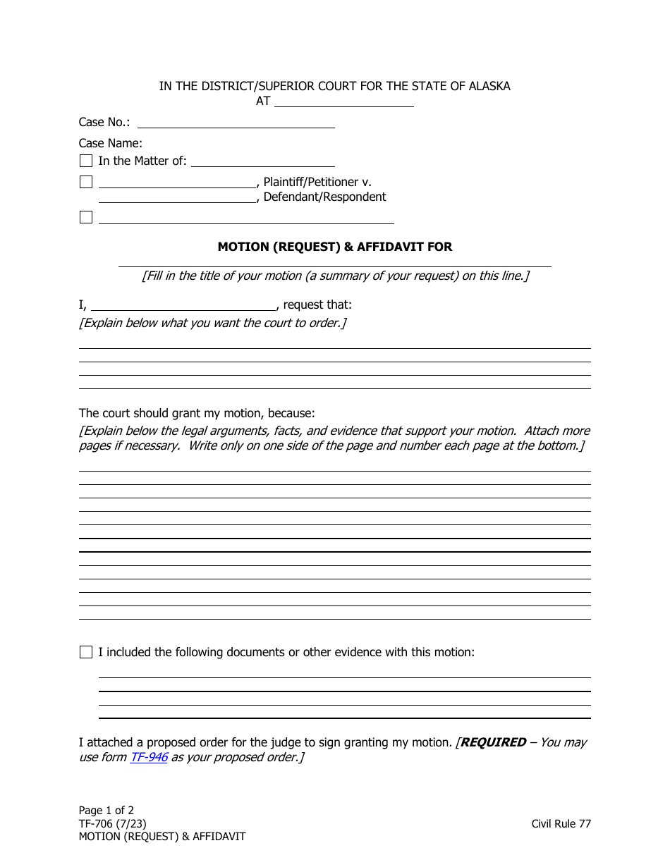 Form TF-706 Motion (Request)  Affidavit - Alaska, Page 1