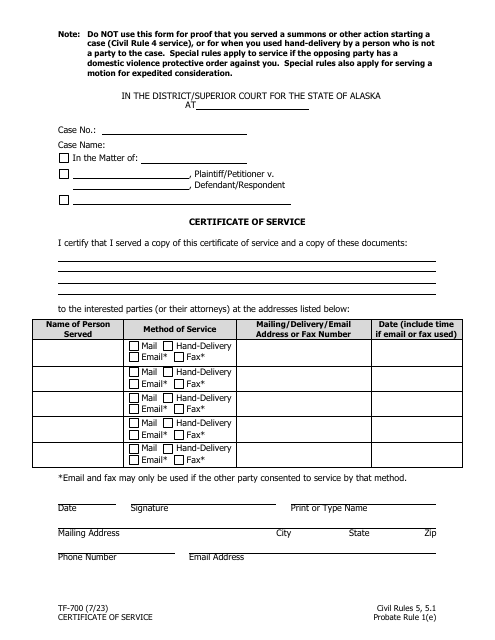 Form TF-700 Certificate of Service - Alaska