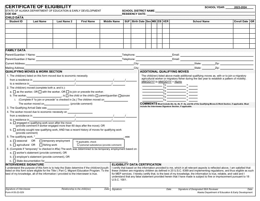 Form 05-23-029 Certificate of Eligibility - Alaska, 2024