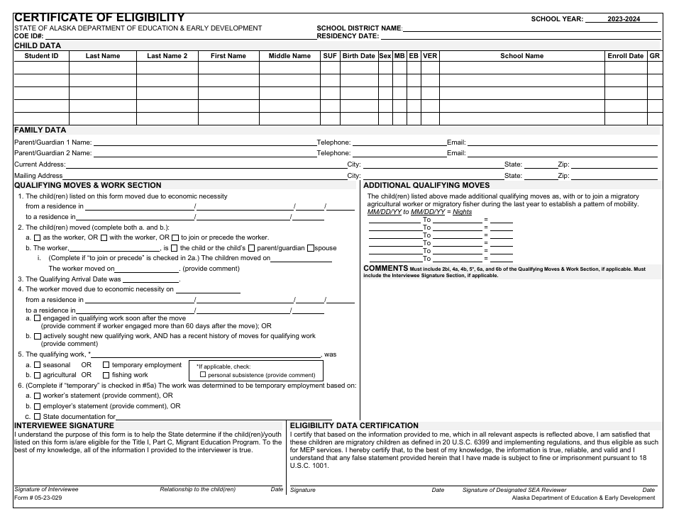 Form 05-23-029 Certificate of Eligibility - Alaska, Page 1