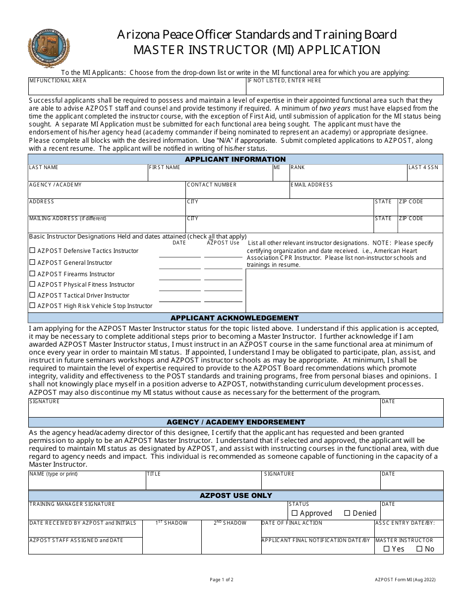 AZPOST Form MI Master Instructor (Mi) Application - Arizona, Page 1