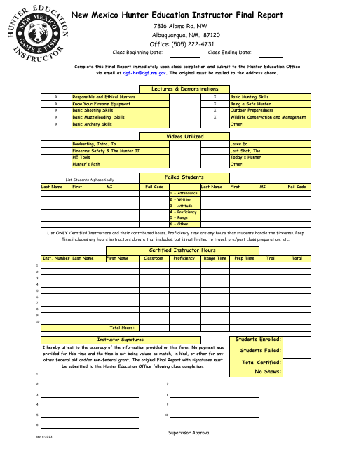 Hunter Education Instructor Final Report - New Mexico Download Pdf