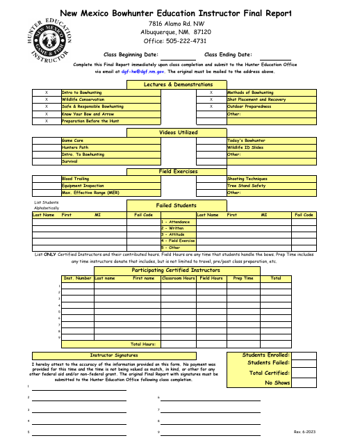 Bowhunter Education Instructor Final Report - New Mexico