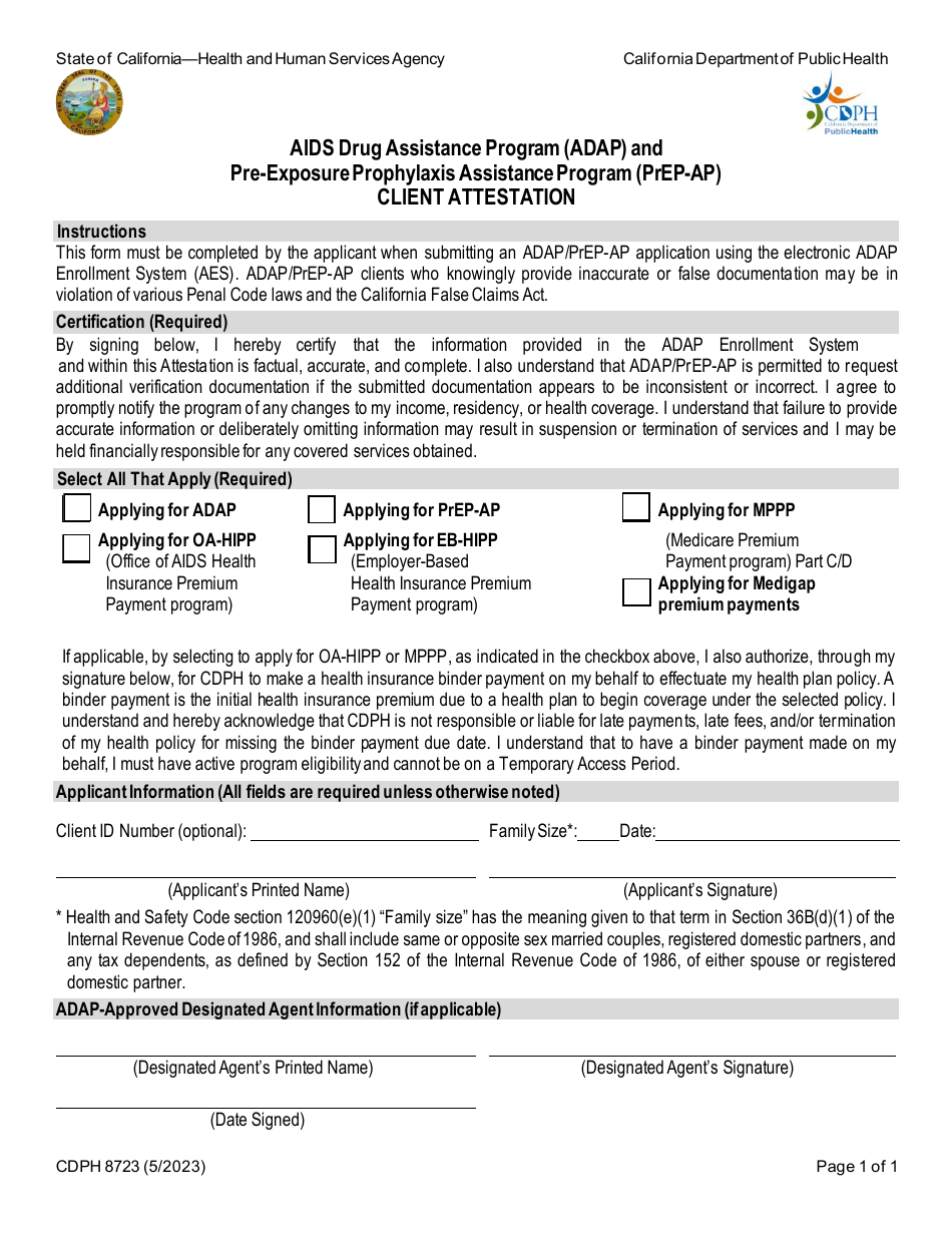 Form CDPH8723 Client Attestation - AIDS Drug Assistance Program (Adap) and Pre-exposure Prophylaxis Assistanceprogram (Prep-Ap) - California, Page 1