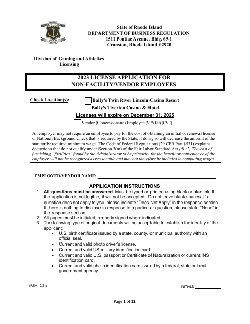 License Application for Non-facility / Vendor Employees - Rhode Island Download Pdf