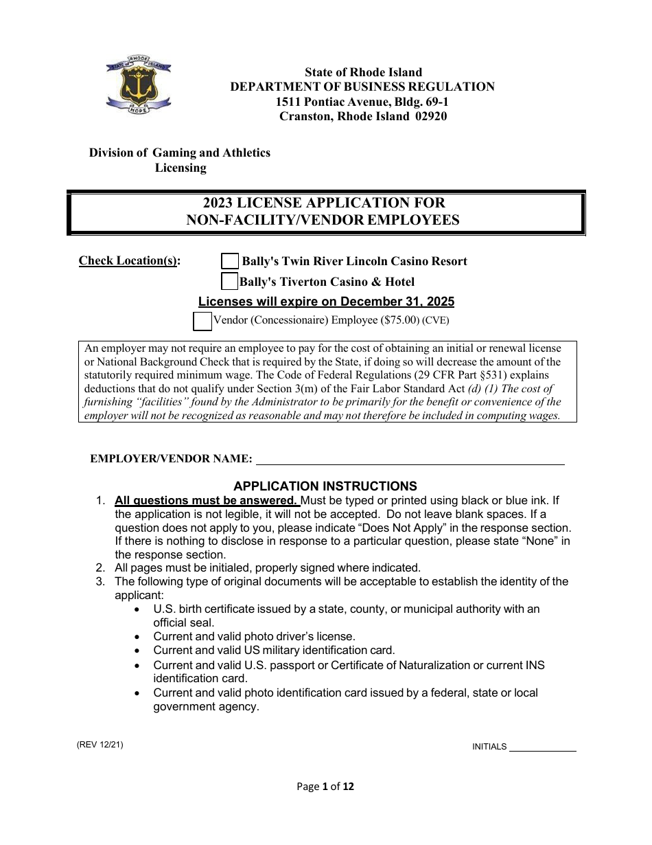 License Application for Non-facility / Vendor Employees - Rhode Island, Page 1