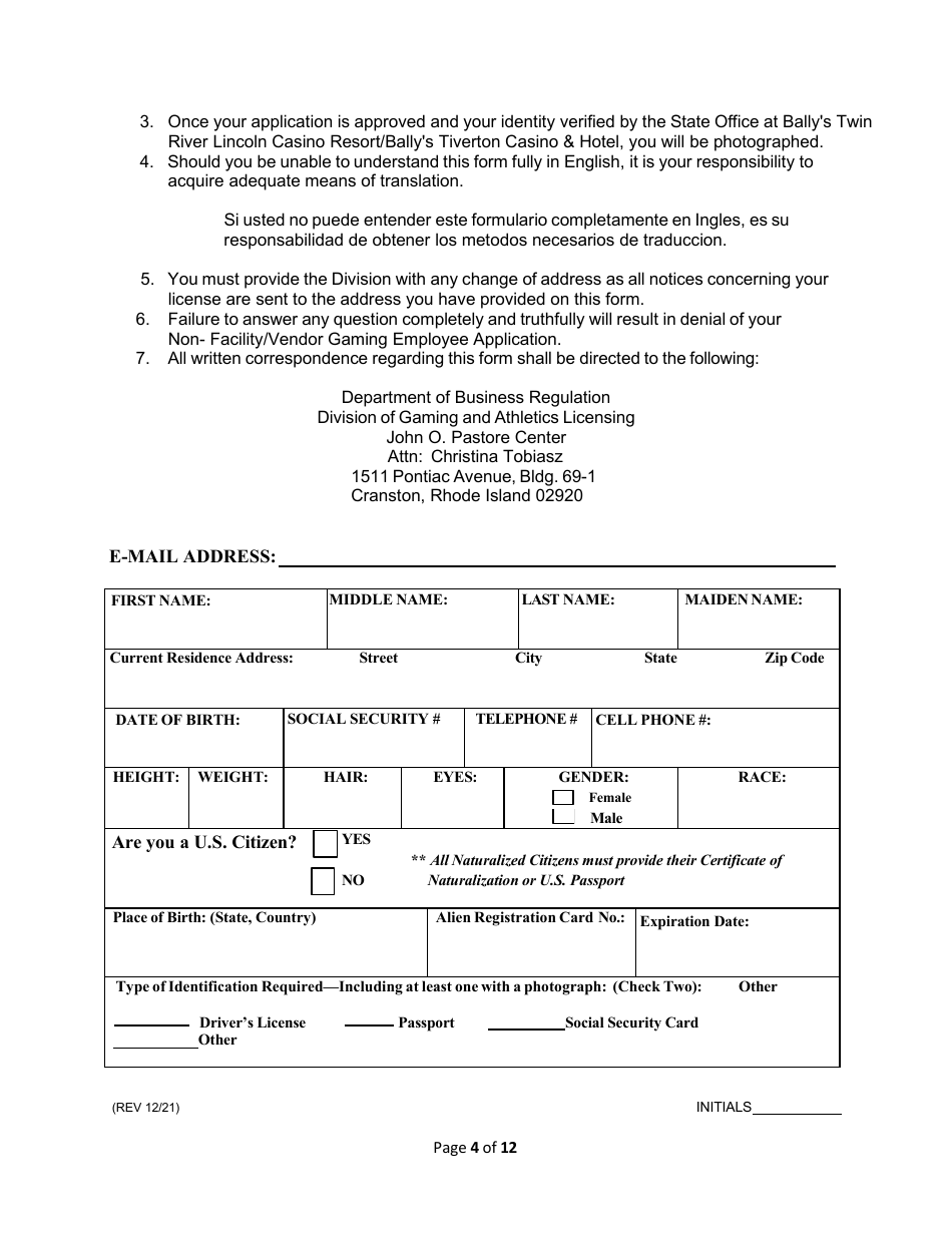 License Application for Non-facility / Vendor Employees - Rhode Island, Page 4