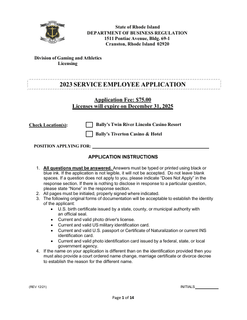 Service Employee Application - Rhode Island Download Pdf