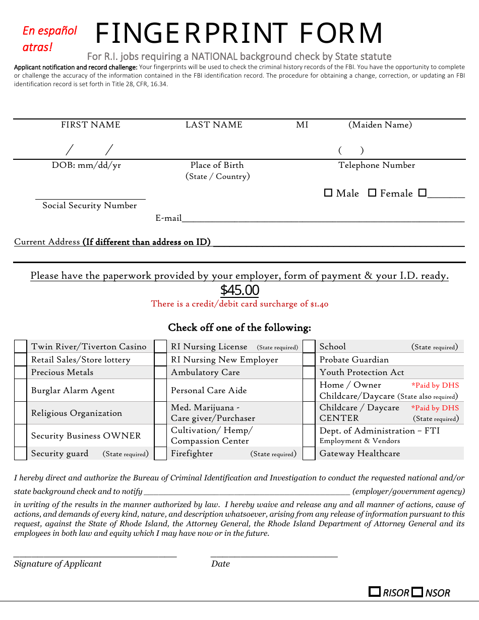 Rhode Island Fingerprint Form for R.i. Jobs Requiring a National