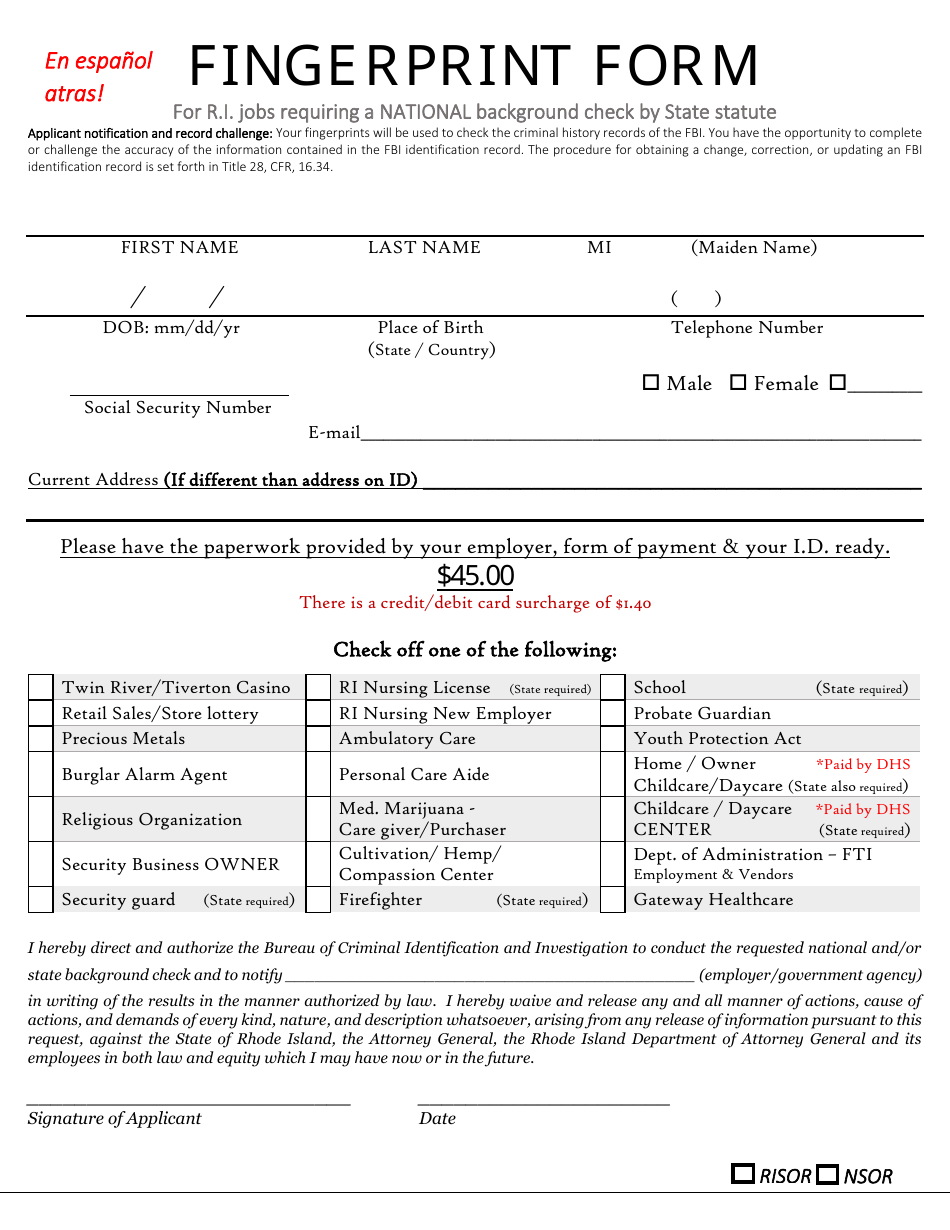 Fingerprint Form for R.i. Jobs Requiring a National Background Check by State Statute - Rhode Island (English / Spanish), Page 1
