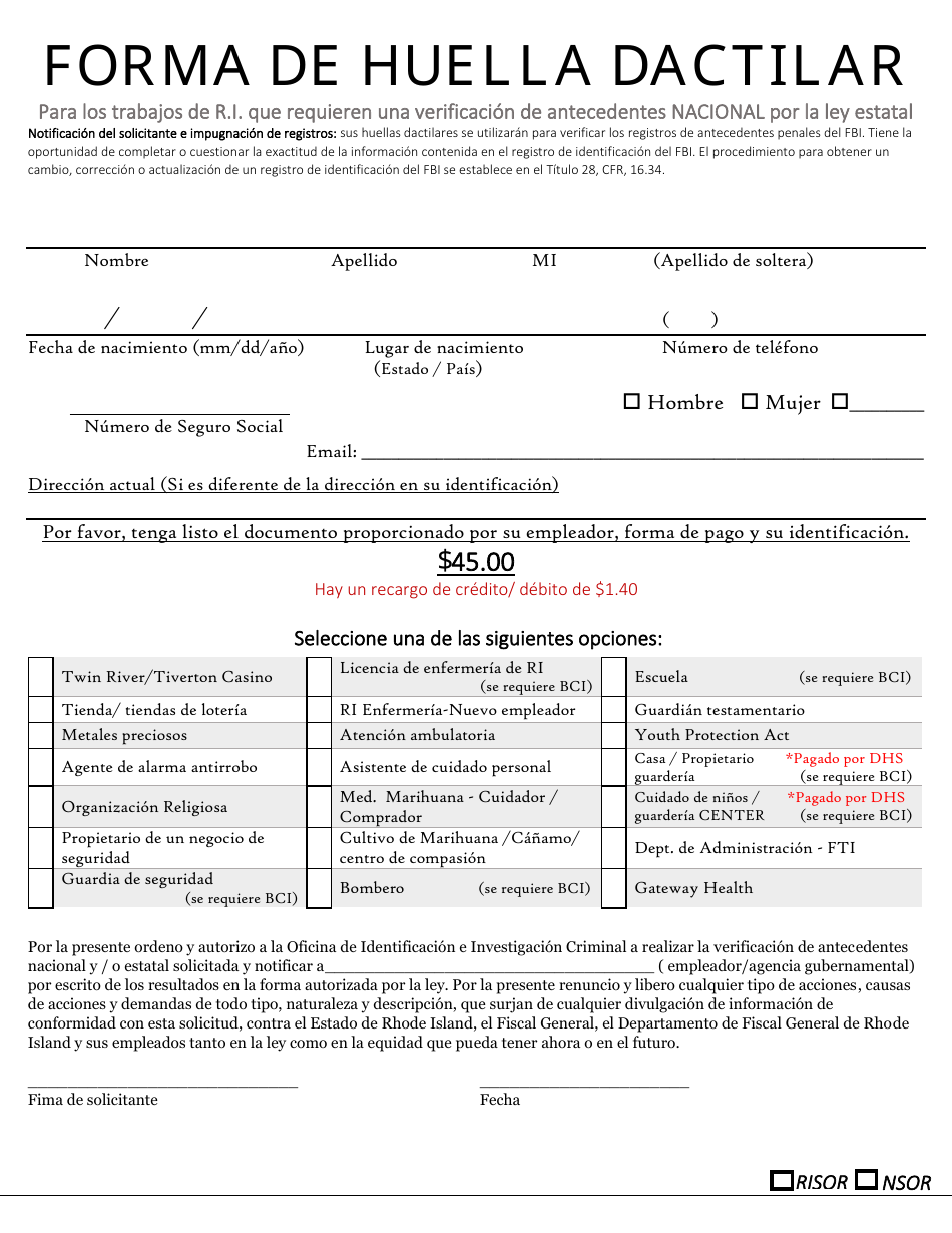 Fingerprint Form for R.i. Jobs Requiring a National Background Check by State Statute - Rhode Island (English / Spanish), Page 2