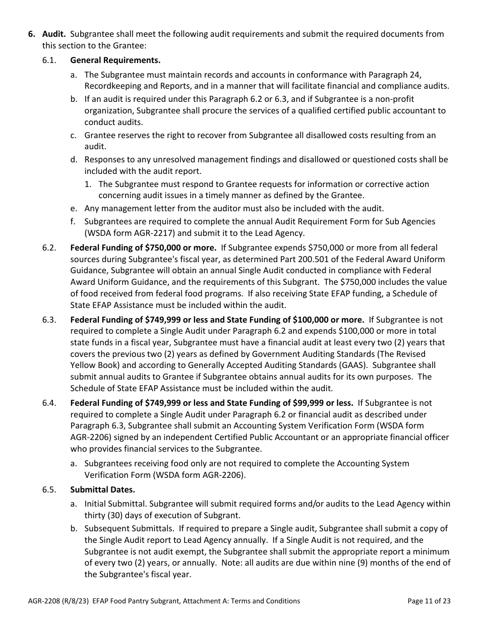 Form AGR-2208 Food Pantry Subgrant - Emergency Food Assistance Program (Efap) - Washington, Page 11
