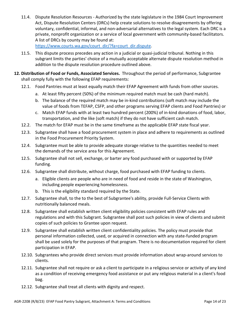 Form AGR-2208 Food Pantry Subgrant - Emergency Food Assistance Program (Efap) - Washington, Page 14