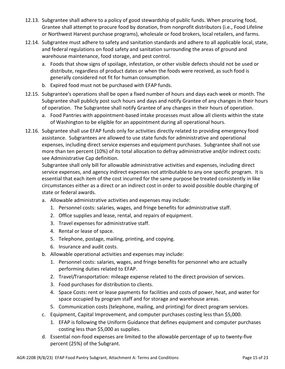 Form AGR-2208 Food Pantry Subgrant - Emergency Food Assistance Program (Efap) - Washington, Page 15
