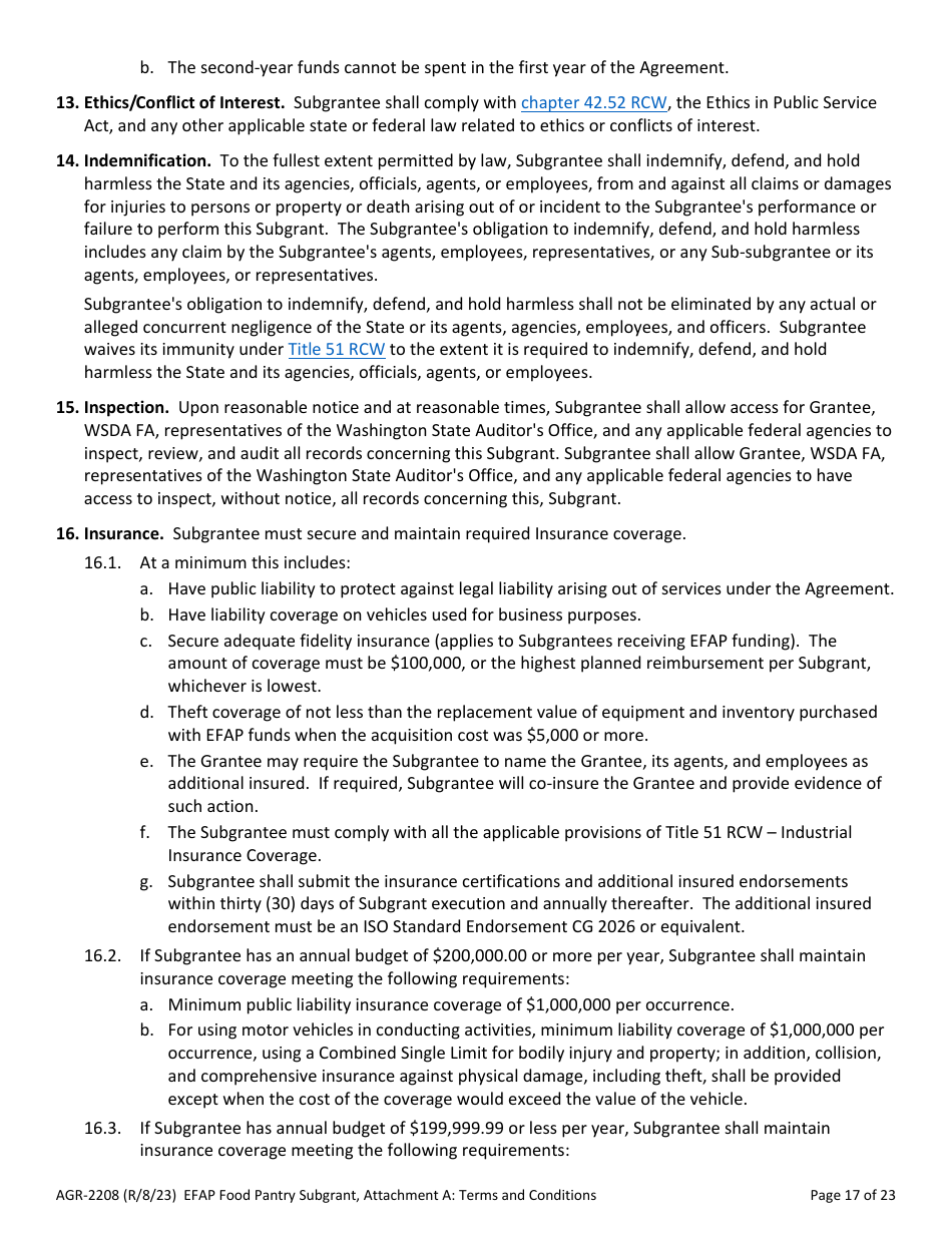Form AGR-2208 Food Pantry Subgrant - Emergency Food Assistance Program (Efap) - Washington, Page 17