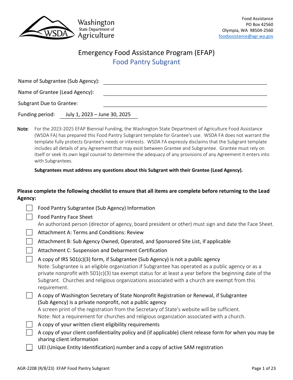 Form AGR-2208 Food Pantry Subgrant - Emergency Food Assistance Program (Efap) - Washington, Page 1
