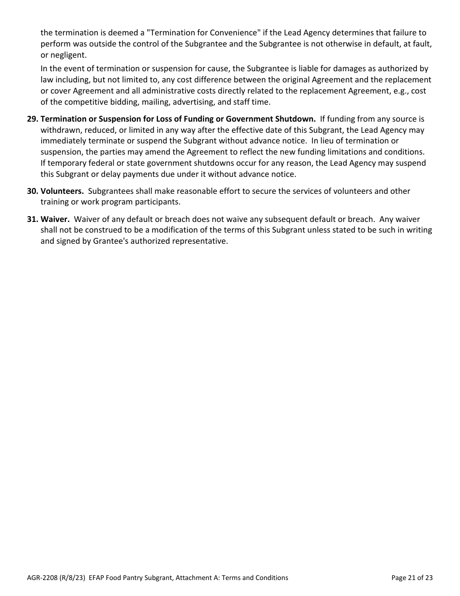 Form AGR-2208 Food Pantry Subgrant - Emergency Food Assistance Program (Efap) - Washington, Page 21