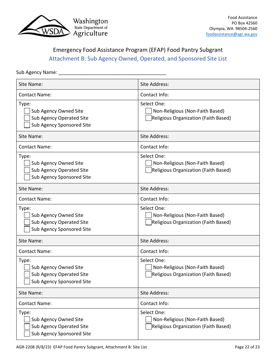 Form AGR-2208 Food Pantry Subgrant - Emergency Food Assistance Program (Efap) - Washington, Page 22