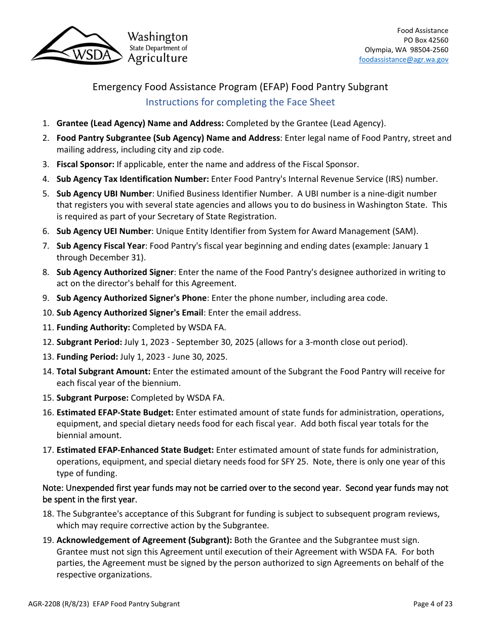 Form AGR-2208 Food Pantry Subgrant - Emergency Food Assistance Program (Efap) - Washington, Page 4