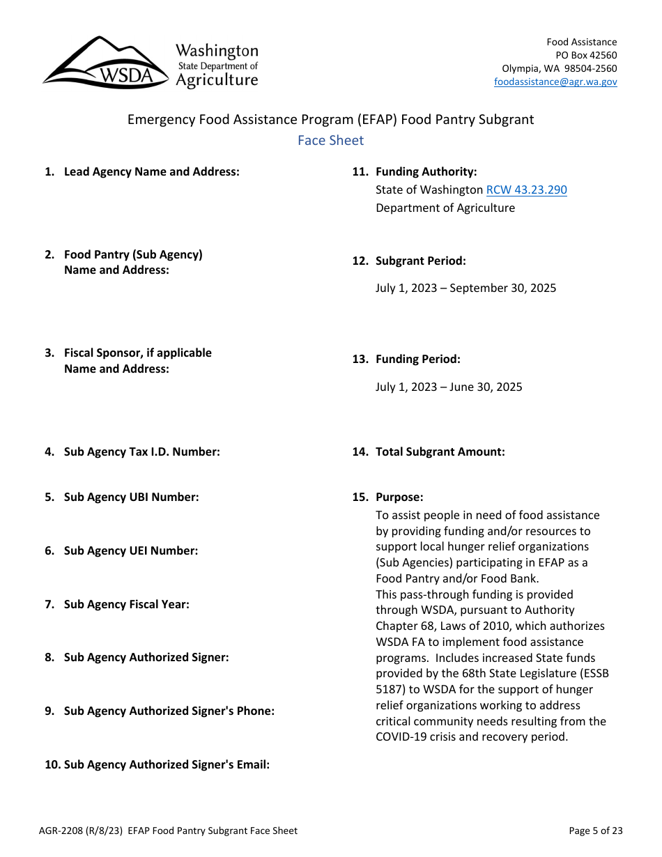 Form AGR-2208 Food Pantry Subgrant - Emergency Food Assistance Program (Efap) - Washington, Page 5