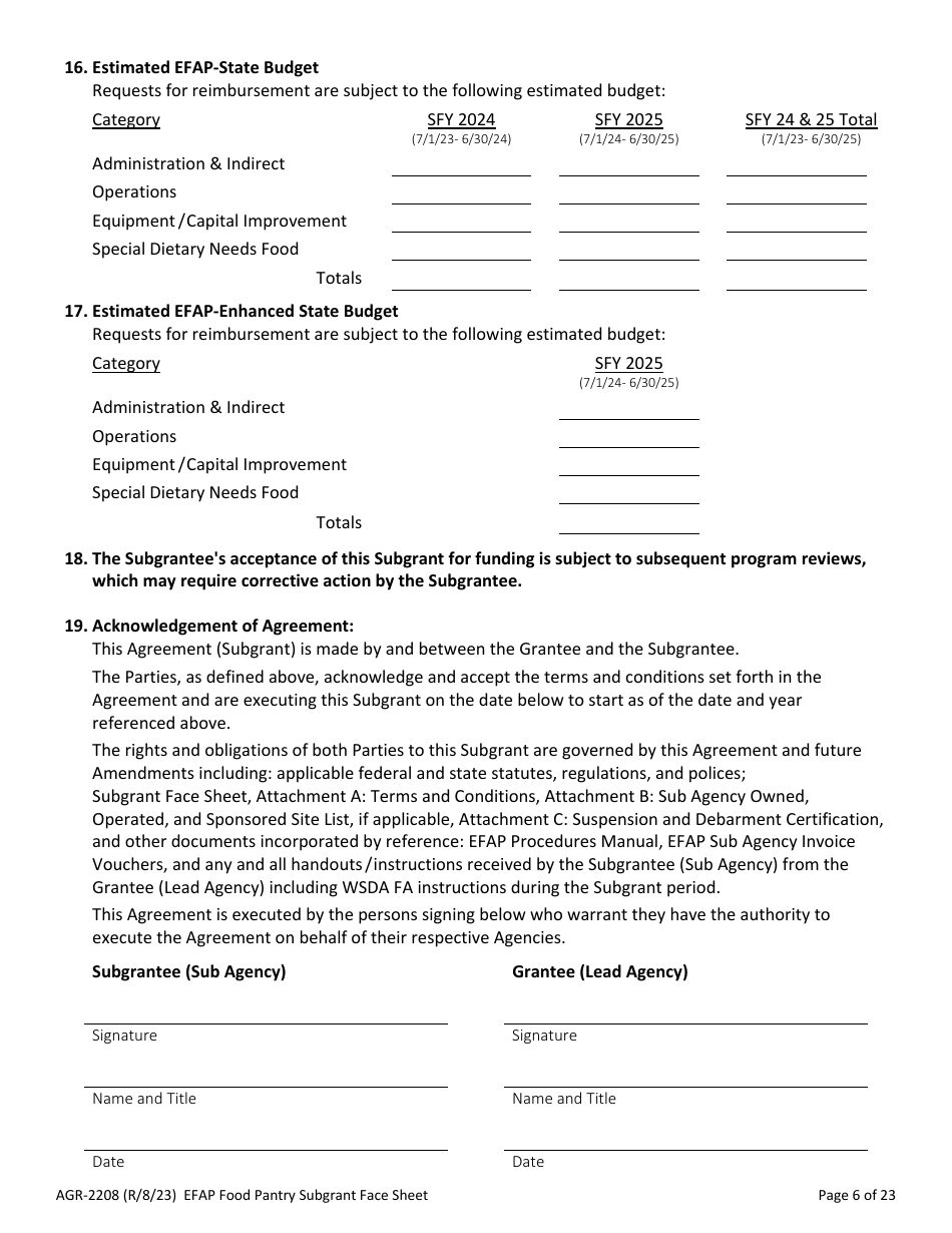 Form AGR-2208 Food Pantry Subgrant - Emergency Food Assistance Program (Efap) - Washington, Page 6