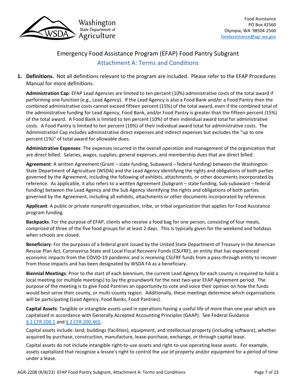 Form AGR-2208 Food Pantry Subgrant - Emergency Food Assistance Program (Efap) - Washington, Page 7
