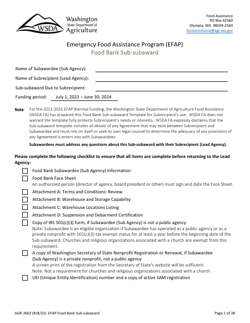 Form AGR-2602 Food Bank Sub-subaward - Emergency Food Assistance Program (Efap) - Washington, 2025