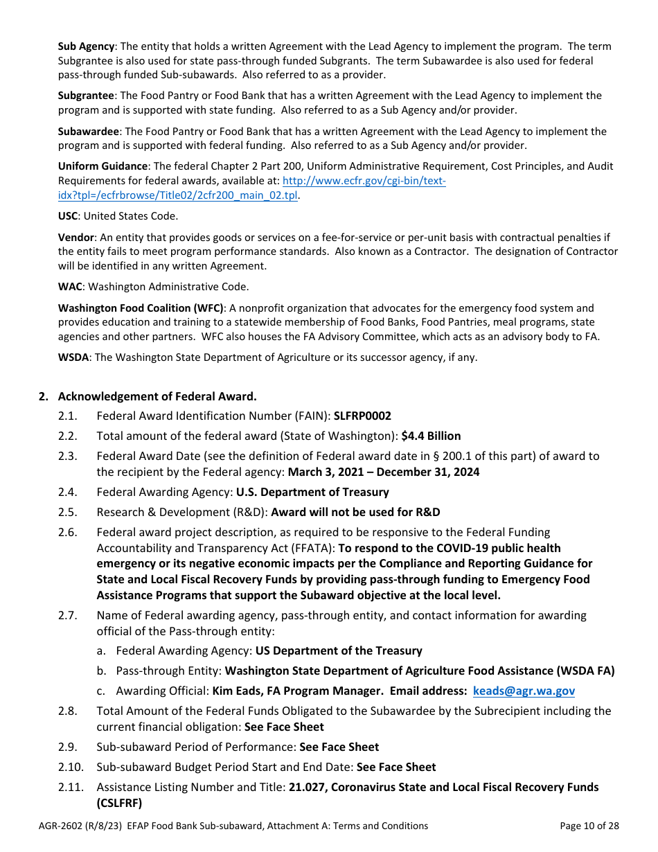Form AGR-2602 Food Bank Sub-subaward - Emergency Food Assistance Program (Efap) - Washington, Page 10