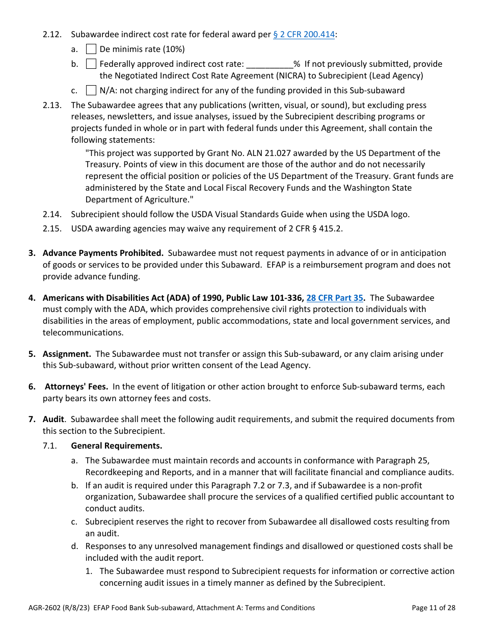 Form AGR-2602 Food Bank Sub-subaward - Emergency Food Assistance Program (Efap) - Washington, Page 11
