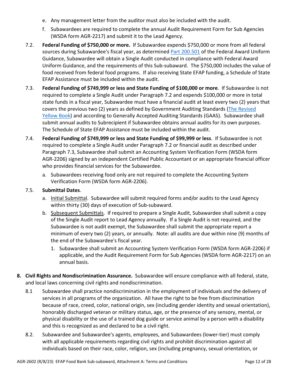 Form AGR-2602 Food Bank Sub-subaward - Emergency Food Assistance Program (Efap) - Washington, Page 12