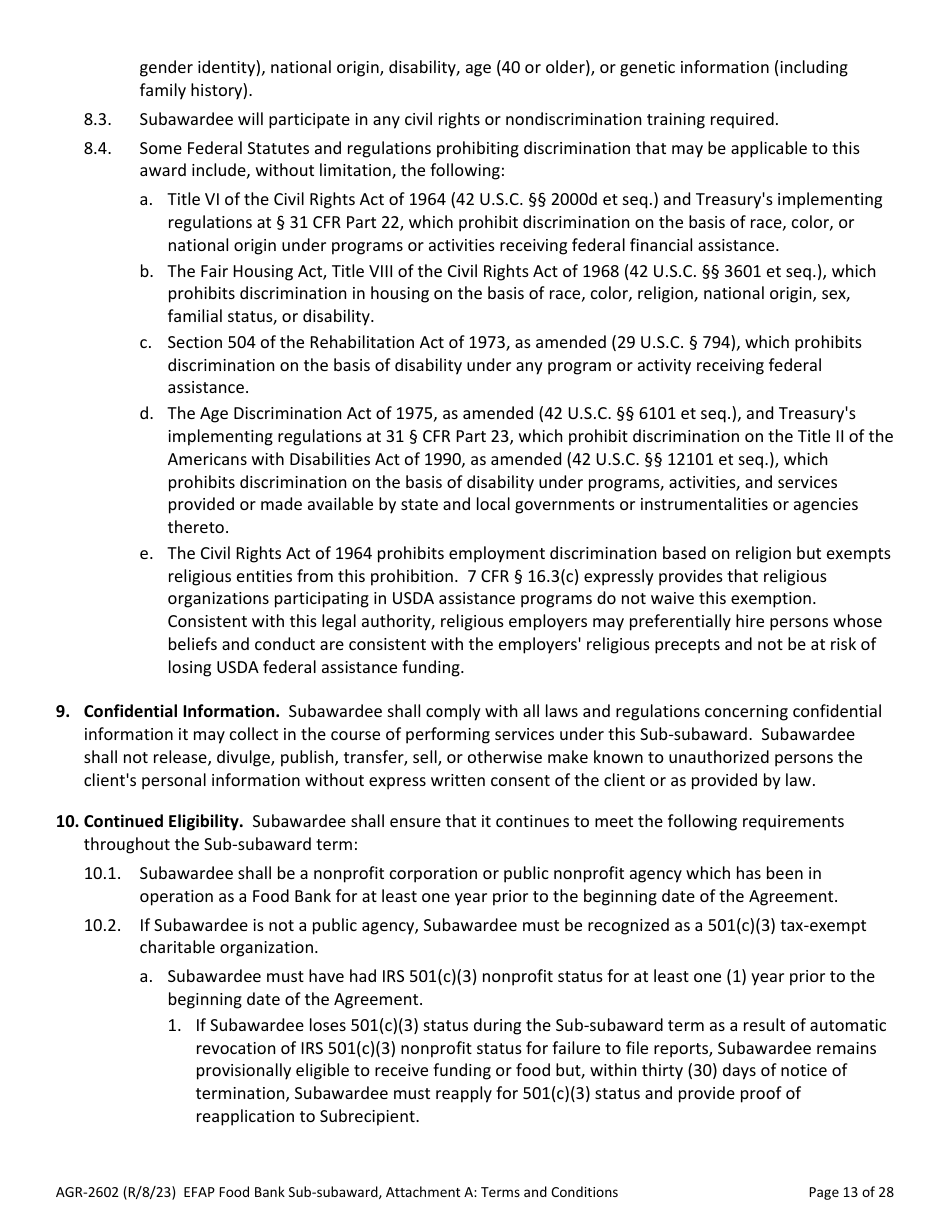 Form AGR-2602 Food Bank Sub-subaward - Emergency Food Assistance Program (Efap) - Washington, Page 13