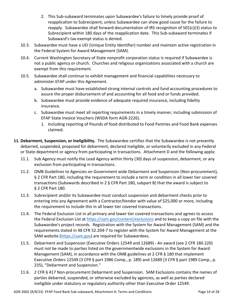 Form AGR-2602 Food Bank Sub-subaward - Emergency Food Assistance Program (Efap) - Washington, Page 14