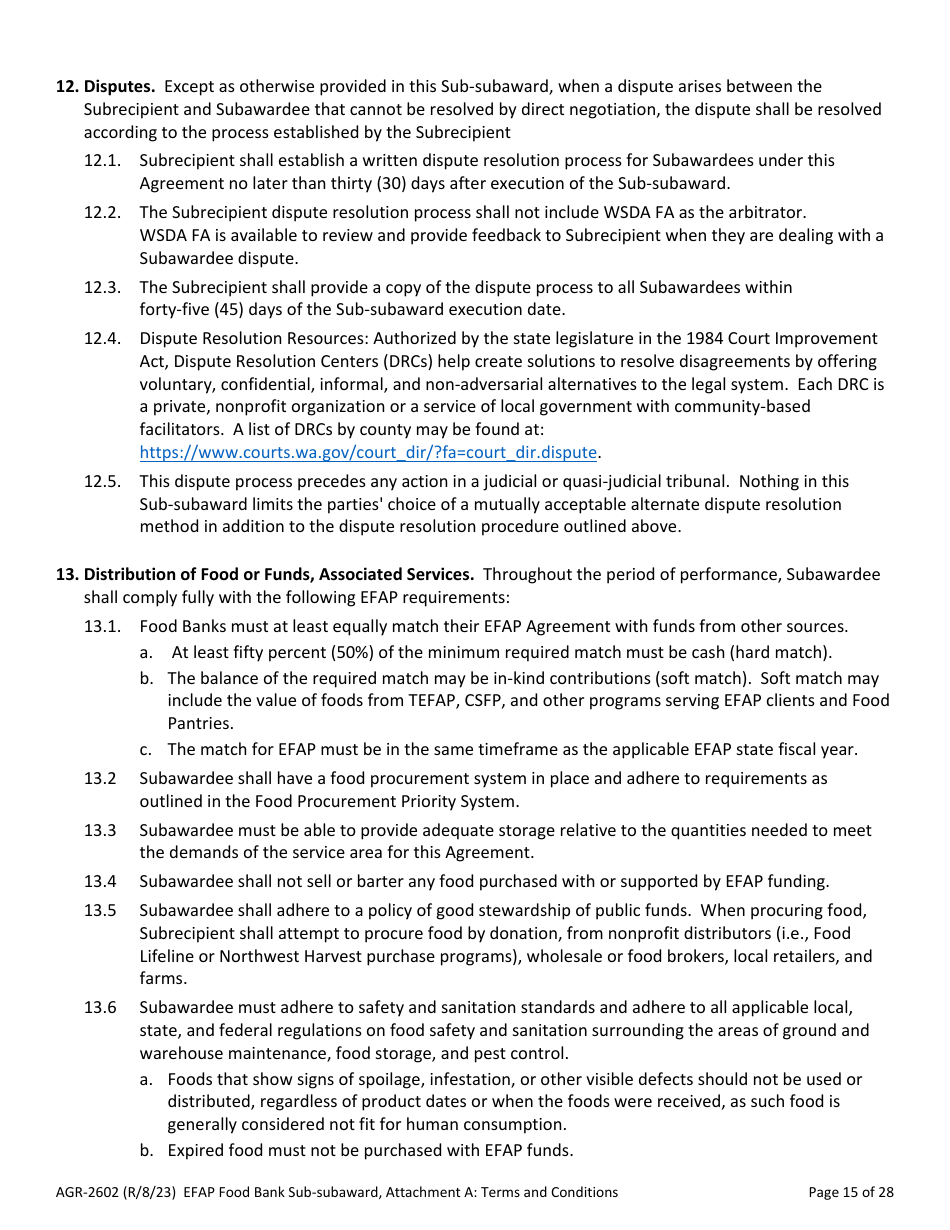 Form AGR-2602 Food Bank Sub-subaward - Emergency Food Assistance Program (Efap) - Washington, Page 15