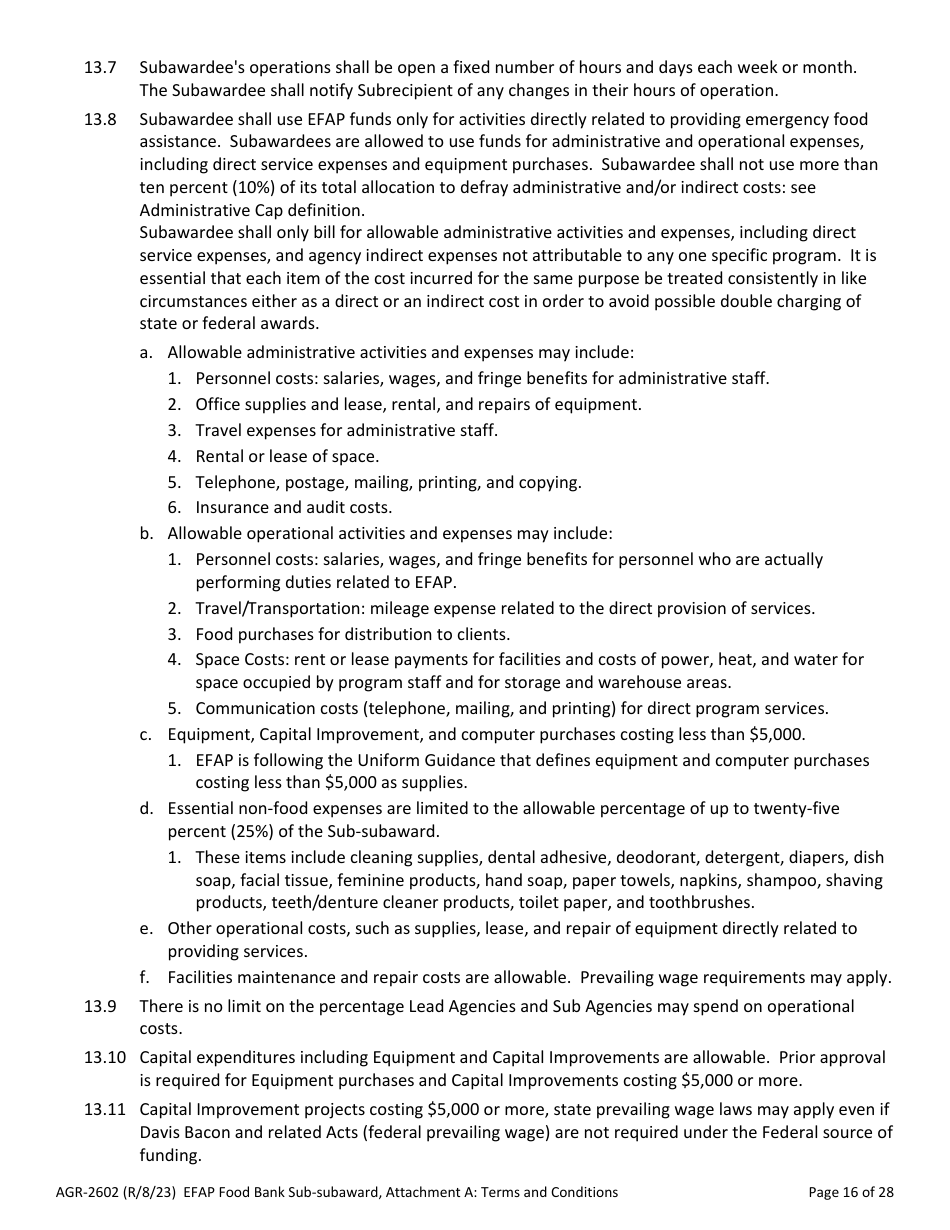 Form AGR-2602 Food Bank Sub-subaward - Emergency Food Assistance Program (Efap) - Washington, Page 16