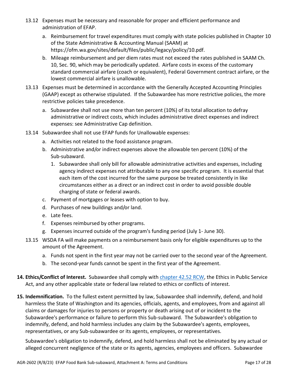 Form AGR-2602 Food Bank Sub-subaward - Emergency Food Assistance Program (Efap) - Washington, Page 17