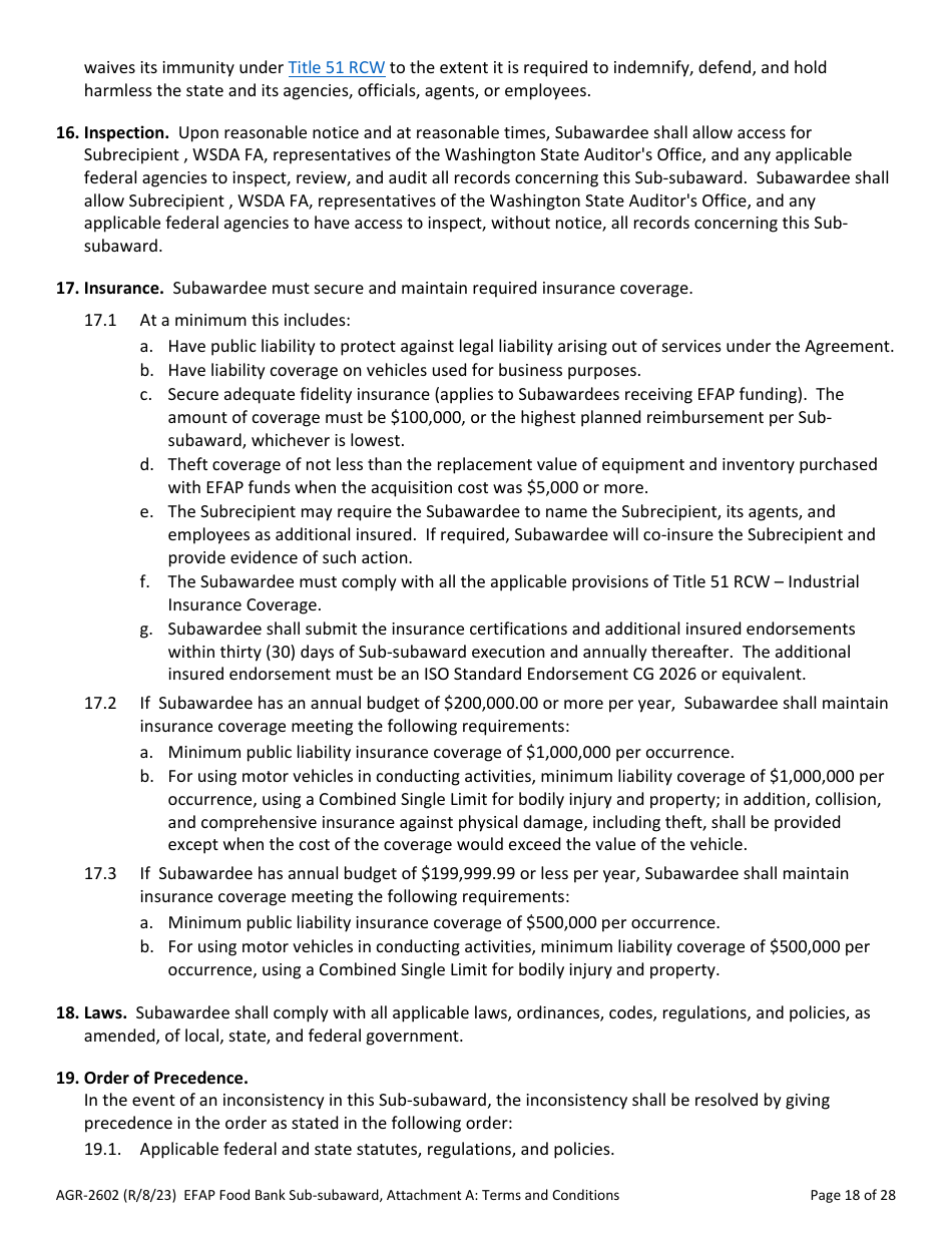 Form AGR-2602 Food Bank Sub-subaward - Emergency Food Assistance Program (Efap) - Washington, Page 18