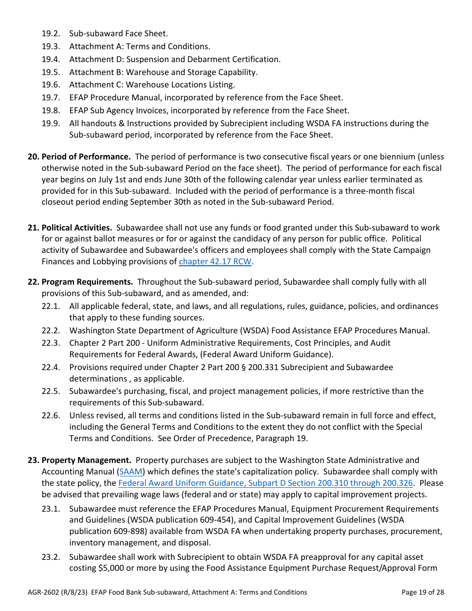 Form AGR-2602 Food Bank Sub-subaward - Emergency Food Assistance Program (Efap) - Washington, Page 19