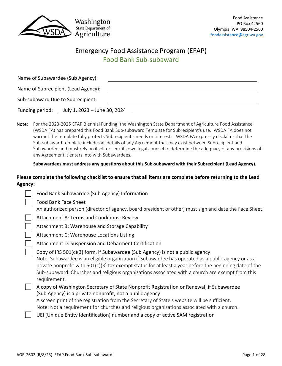 Form AGR-2602 Food Bank Sub-subaward - Emergency Food Assistance Program (Efap) - Washington, Page 1
