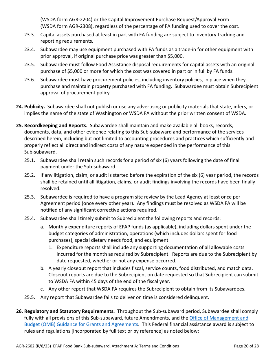 Form AGR-2602 Food Bank Sub-subaward - Emergency Food Assistance Program (Efap) - Washington, Page 20