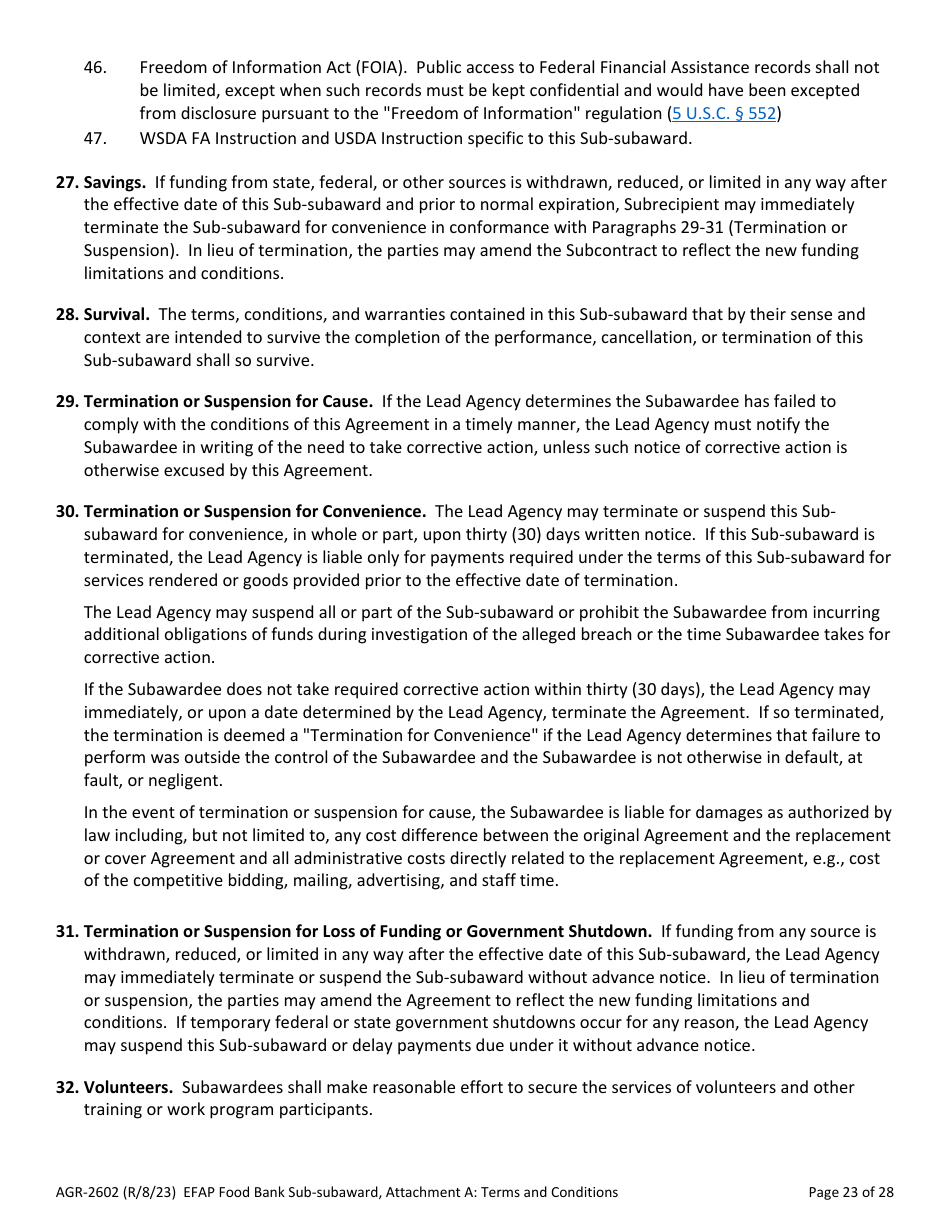 Form AGR-2602 Food Bank Sub-subaward - Emergency Food Assistance Program (Efap) - Washington, Page 23