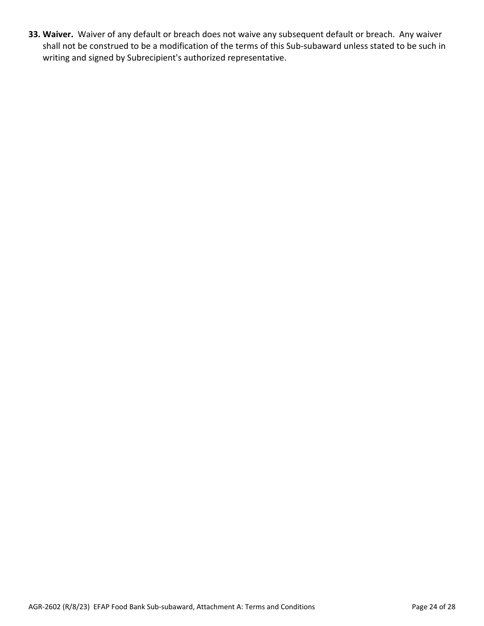 Form AGR-2602 Food Bank Sub-subaward - Emergency Food Assistance Program (Efap) - Washington, Page 24