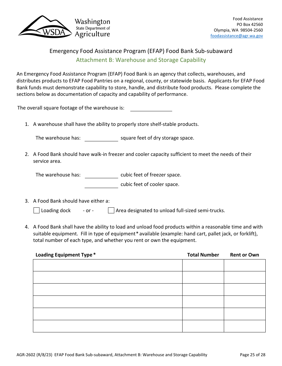 Form AGR-2602 Food Bank Sub-subaward - Emergency Food Assistance Program (Efap) - Washington, Page 25