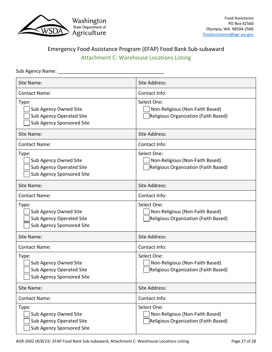 Form AGR-2602 Food Bank Sub-subaward - Emergency Food Assistance Program (Efap) - Washington, Page 27
